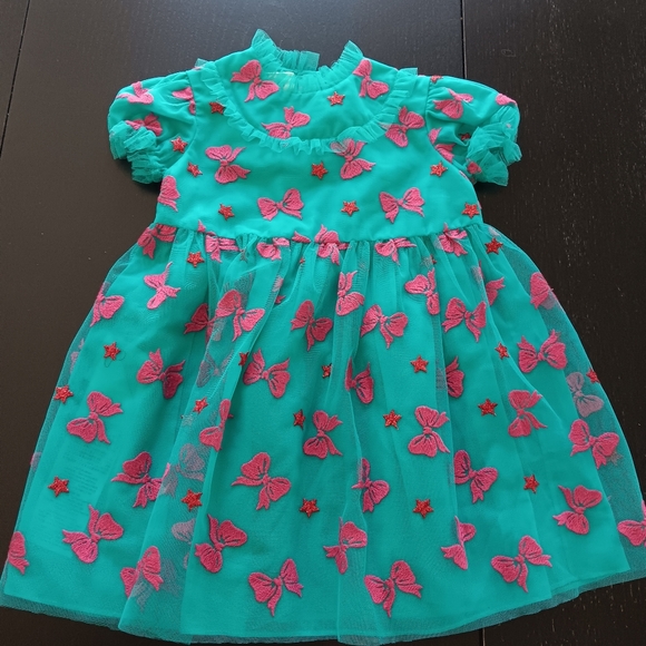 Gucci Teal & Pink Embroidered Ribbon/ Metallic Star Tulle Children's Dress 18/24 - Picture 1 of 11